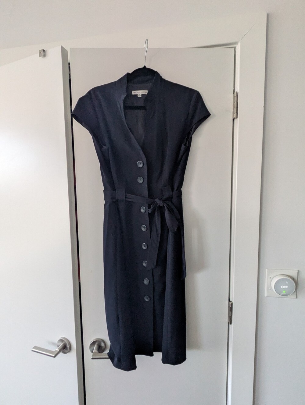 Navy Button-Front Midi Dress with Waist Tie